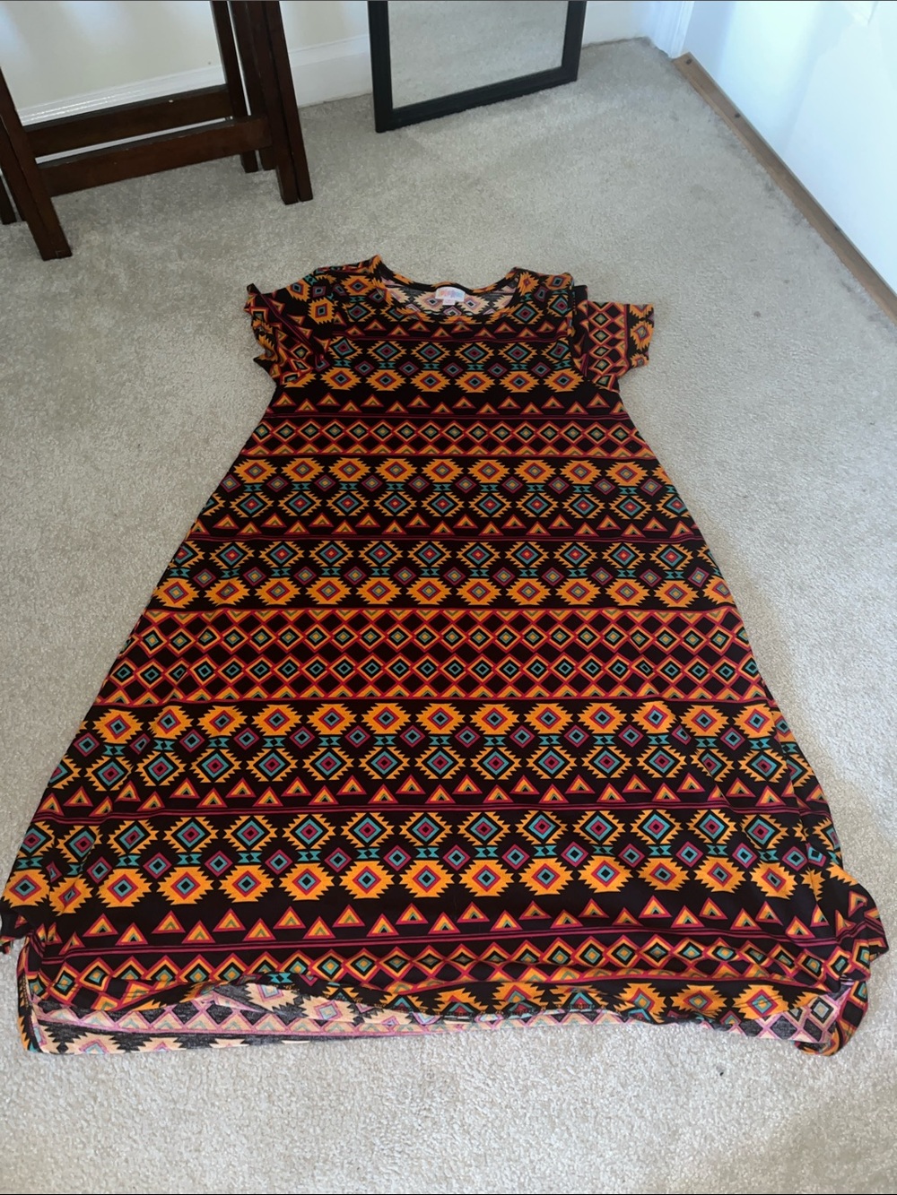 LuLaRoe A-Line Dress in Black, Orange and Yellow Geometric Print